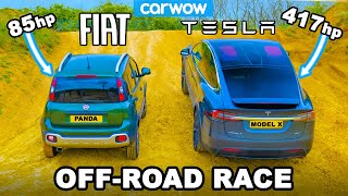 Tesla Model X v Fiat Panda Cross UPHILL DRAG RACE amp which is best OFFROAD [upl. by Jola]