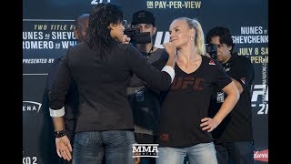 Amanda Nunes vs Valentina Shevchenko 2 Media Day Staredown  MMA Fighting [upl. by Aisemaj]