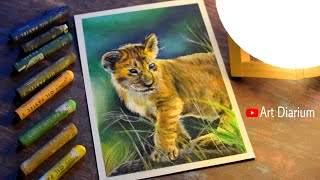 Cute Lion Cub Drawing with Oil Pastel for Beginners STEP by STEP [upl. by Varden]