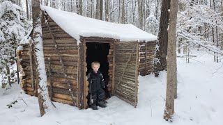 Building Log Cabin By Hand  9 Days Winter Camping with 3 yr Old in Bushcraft Primitive Shelter [upl. by Lonna]