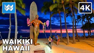 4K Waikiki Beach at Night in Honolulu Hawaii USA Walking Tour amp Travel Vacation Guide Kalakaua [upl. by Spaulding482]