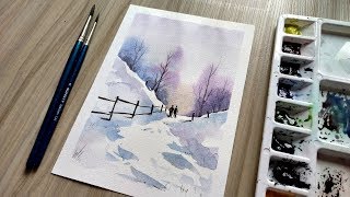 How to Paint A Snowy Winter Landscape  easy watercolor painting for beginners [upl. by Ellered771]