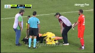 Greek stretcher bearers drop injured player while taking him off pitch [upl. by Hubing322]