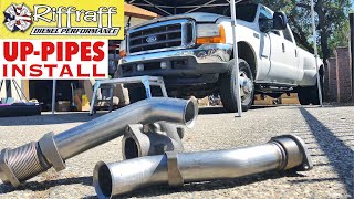 2001 F350 73  RiffRaff UpPipes Install  Stock up pipes leaking and falling apart JUNK SP [upl. by Ocko]