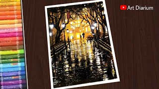 Walking in the Rain  Rainy Night Cityscape Drawing with Oil Pastel STEP by STEP [upl. by Lunna969]