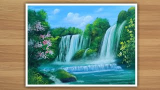 Step by step waterfall landscape painting for beginners [upl. by Atinid]