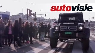 Driving monstrous Mercedes G63 AMG 6x6 through Amsterdam English subtitled  Autovisie [upl. by Tyra]