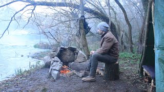 Bushcraft Camp Catch and Cook Overnight in a Tarp Shelter [upl. by Heisel]